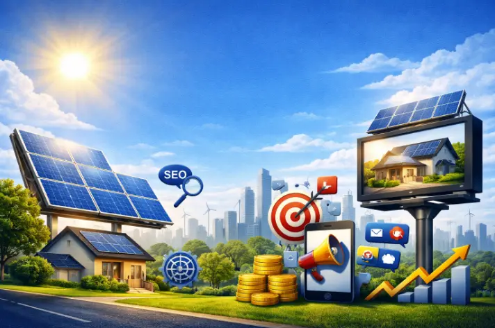 Solar advertising funnel showing Google Ads, Facebook Ads, and SEO flowing into leads and sales
