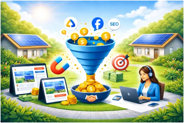 Solar performance marketing funnel showing ads to sales conversion